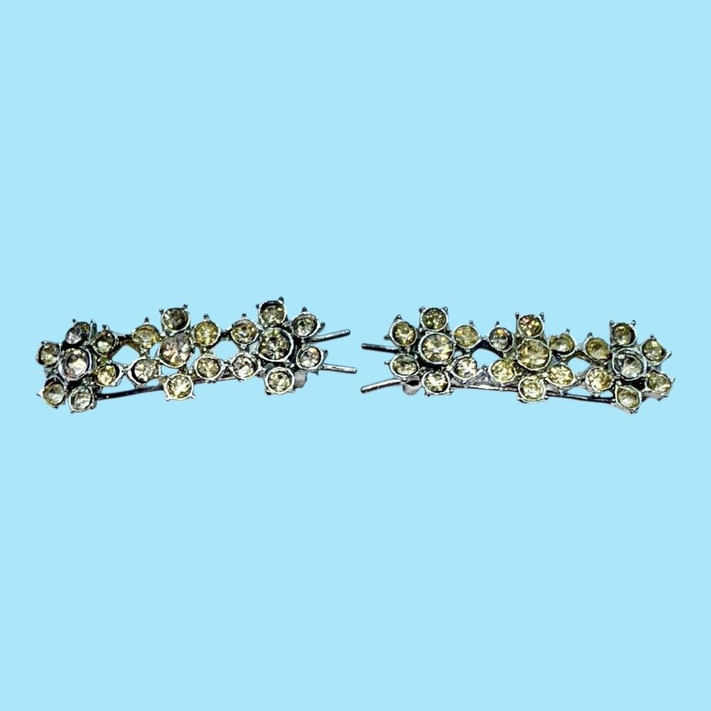 Vintage Rhinestone Flower Floral Silver Barrettes Hair Clips Aurora Borealis